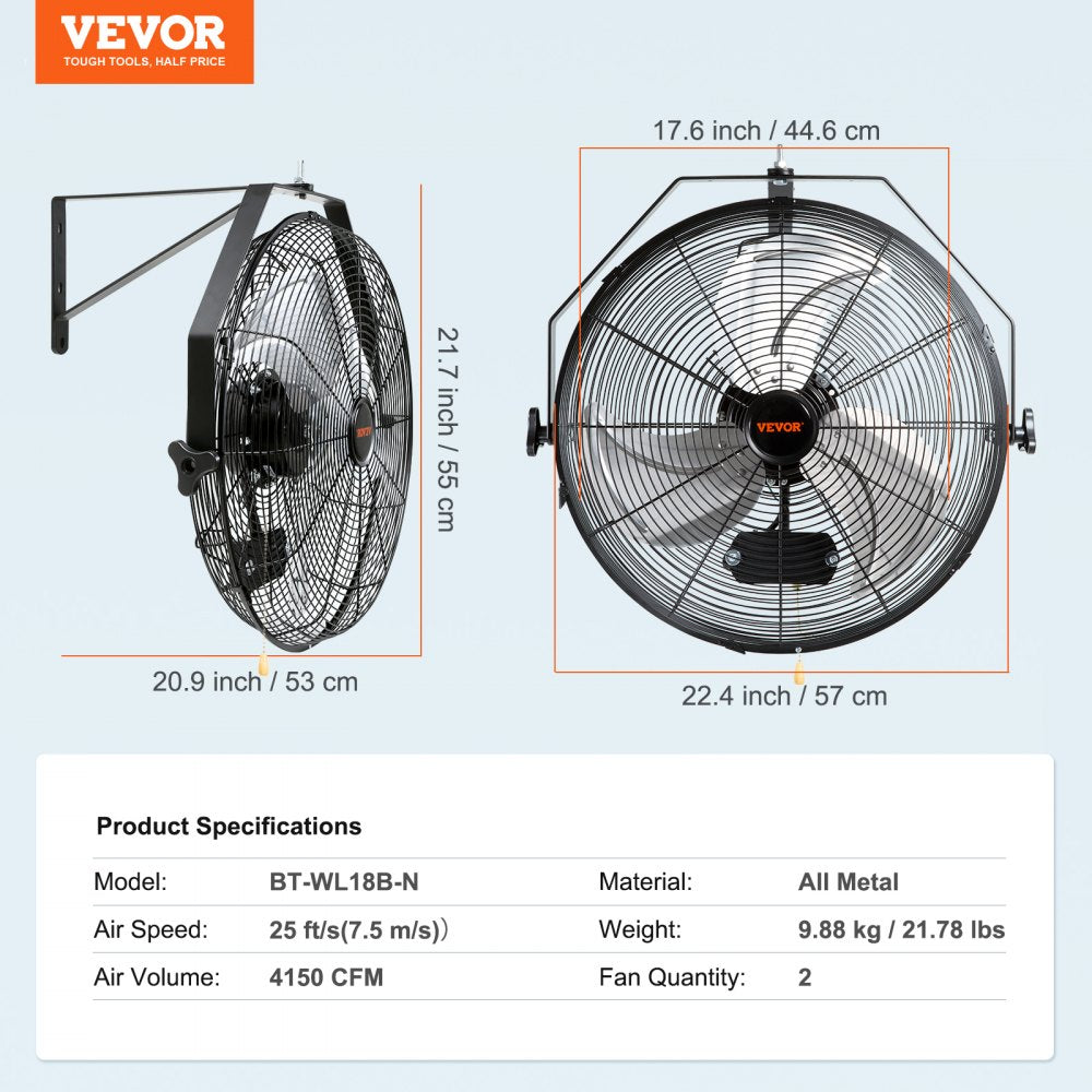 Two 18-inch all-metal wall-mount fans with 3-speed control and 4150 CFM airflow.