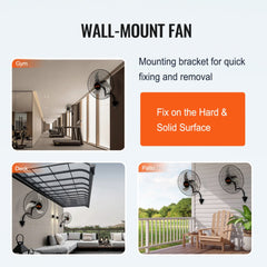 Two Bostome 20" industrial wall mount fans with metal blades and three-speed settings.