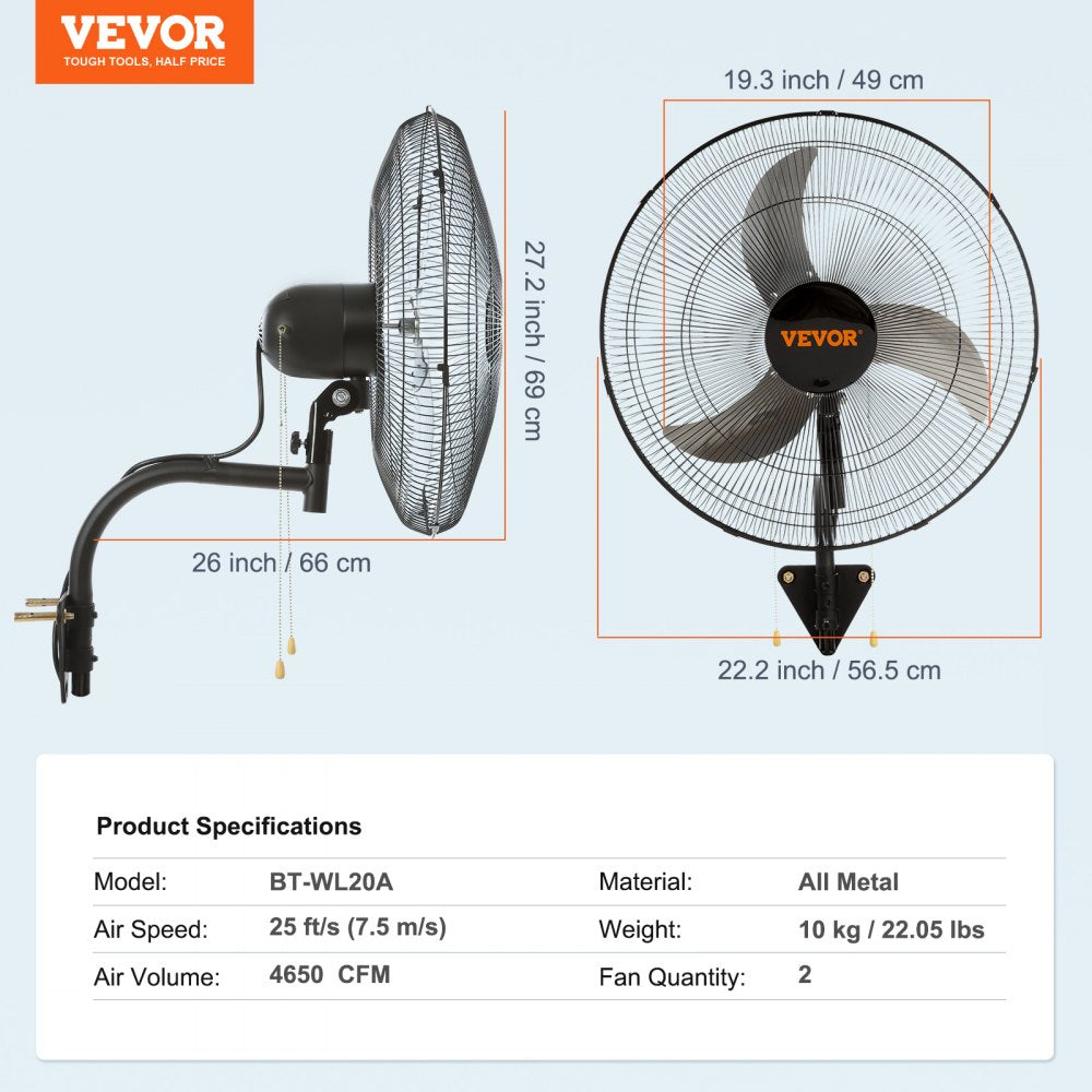 Two Bostome 20-inch industrial wall mount fans with three-speed settings and metal construction.