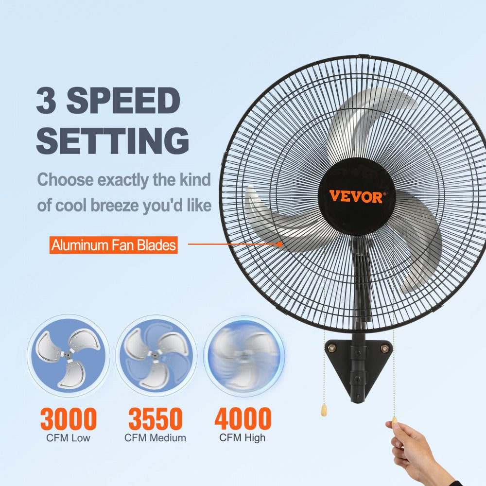 Black 18-inch oscillating industrial wall fan with aluminum blades and 3 speed settings up to 4000 CFM.