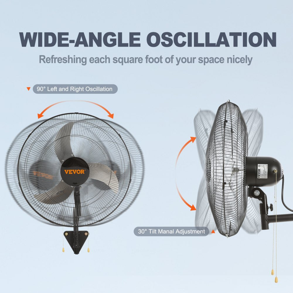 Black 18-inch industrial wall fan with 90-degree oscillation and 30-degree tilt adjustment.