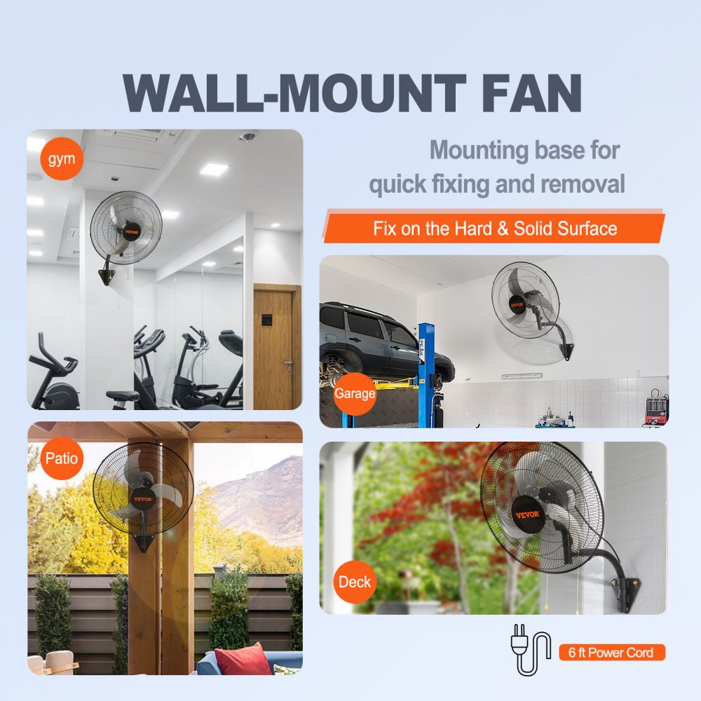 Black 18-inch oscillating industrial wall fan mounted in garage, patio, and workshop settings.