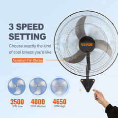 Wall Mount Fan, 20 Inch, 3-speed High Velocity Max. 4650 CFM Oscillating Industrial Wall Fan, Commercial or Residential for Warehouse, Greenhouse, Workshop, Patio, Basement, Black, ETL Listed