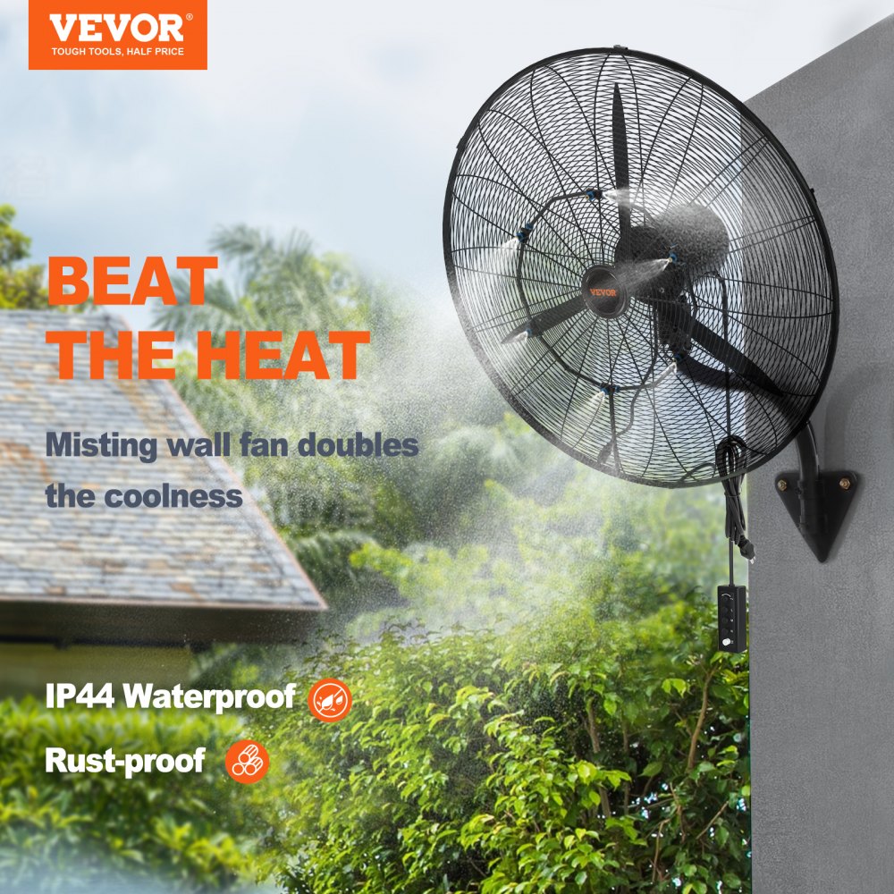 Black 24-inch wall mount misting fan with oscillation and high-velocity airflow.