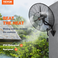 Black 24-inch wall mount misting fan with oscillation and high-velocity airflow.