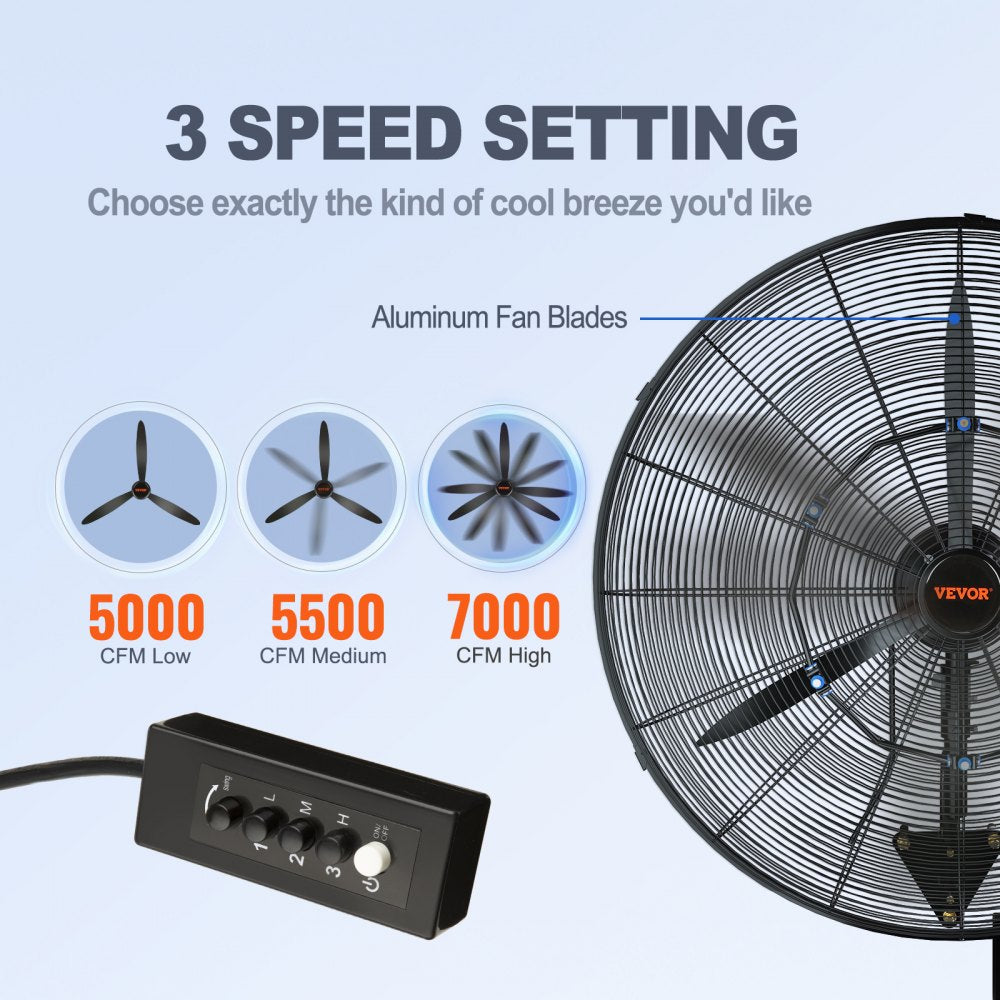 Black 24-inch wall mount misting fan with oscillation and high-velocity airflow.