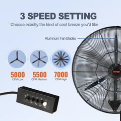 Black 24-inch wall mount misting fan with oscillation and high-velocity airflow.