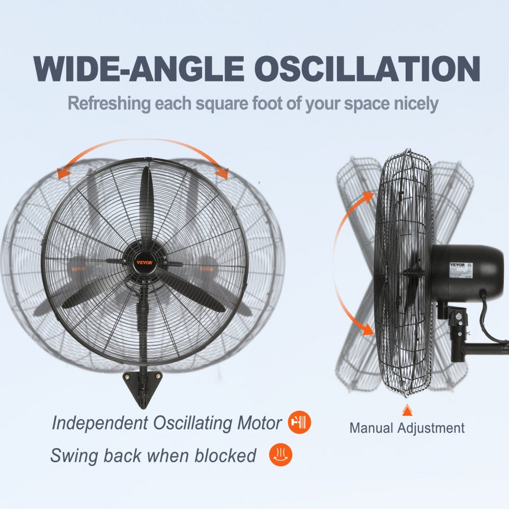 Black 24-inch wall mount misting fan with oscillation and high-velocity airflow.