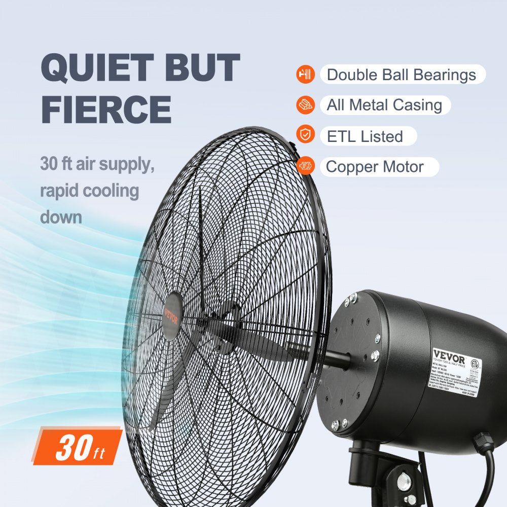 Black 24-inch wall mount misting fan with oscillation and high-velocity airflow.