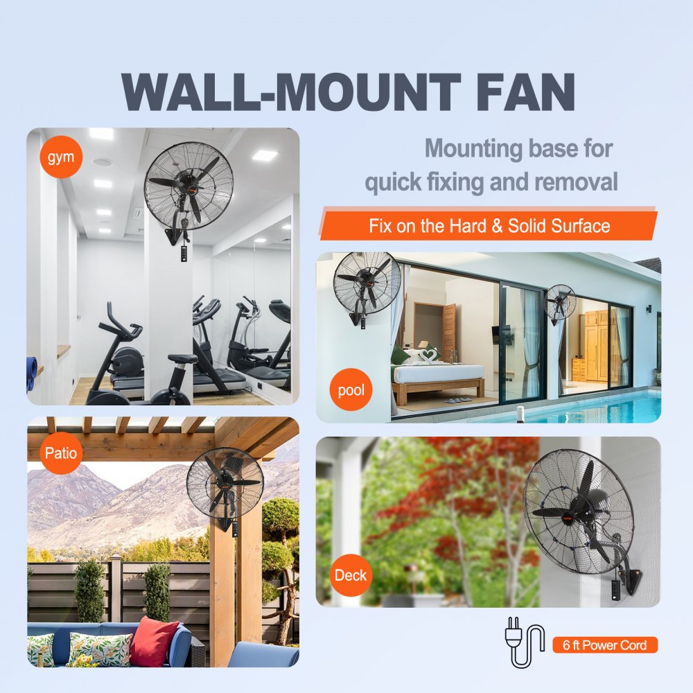Black 24-inch wall mount misting fan with oscillation and high-velocity airflow.