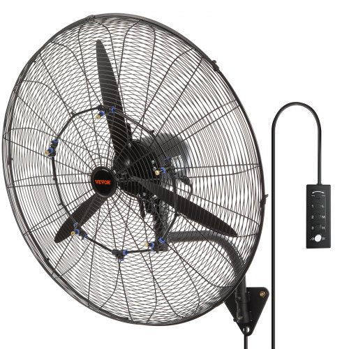 Black 30-inch wall-mount Bostome misting fan with 3-speed control and oscillating blades.