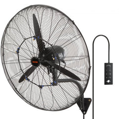 Black 30-inch wall-mount Bostome misting fan with 3-speed control and oscillating blades.