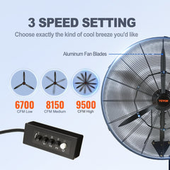 30-inch black wall-mount misting fan with 3-speed settings up to 9500 CFM and aluminum blades.