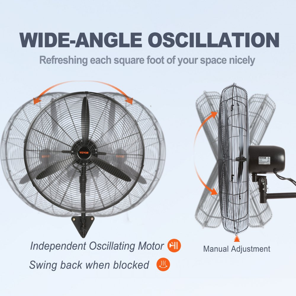 30-inch black wall-mount misting fan with wide-angle oscillation and manual adjustment.