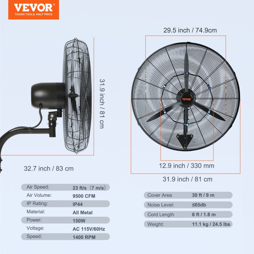 30-inch black wall-mount misting fan with 3 speeds and 9500 CFM airflow.