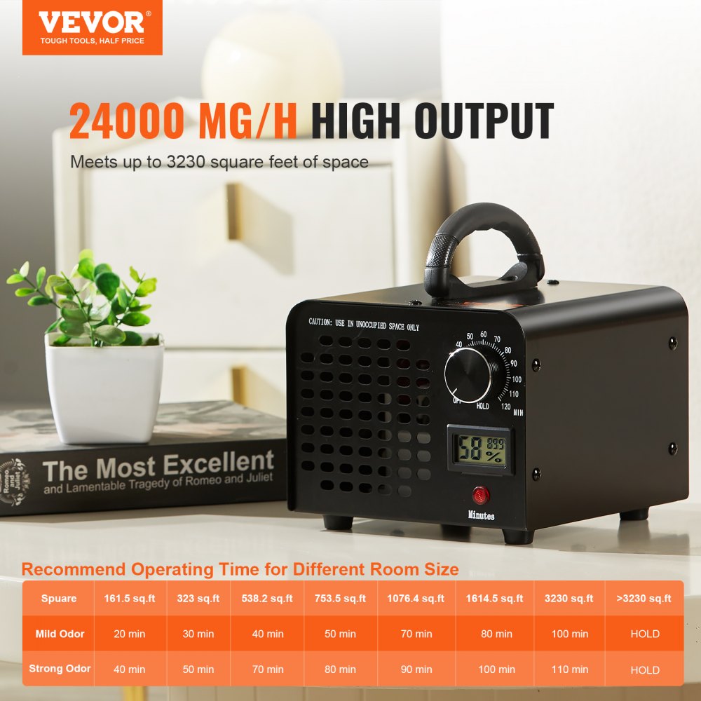 Bostome 24000mg/h ozone generator with timer, compact design, and detachable filter mesh.