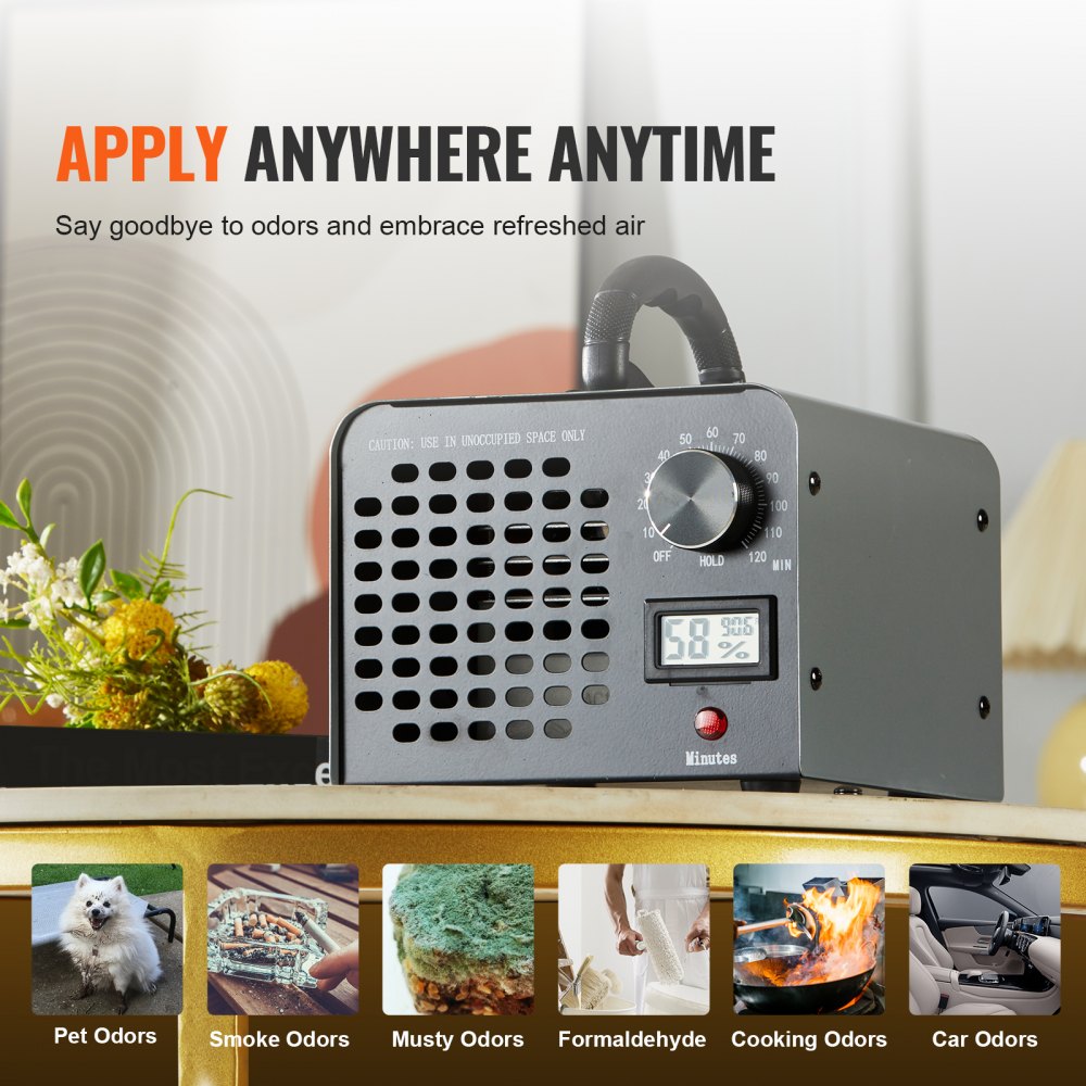 Bostome ozone generator with timer, compact design, and detachable filter for odor removal.