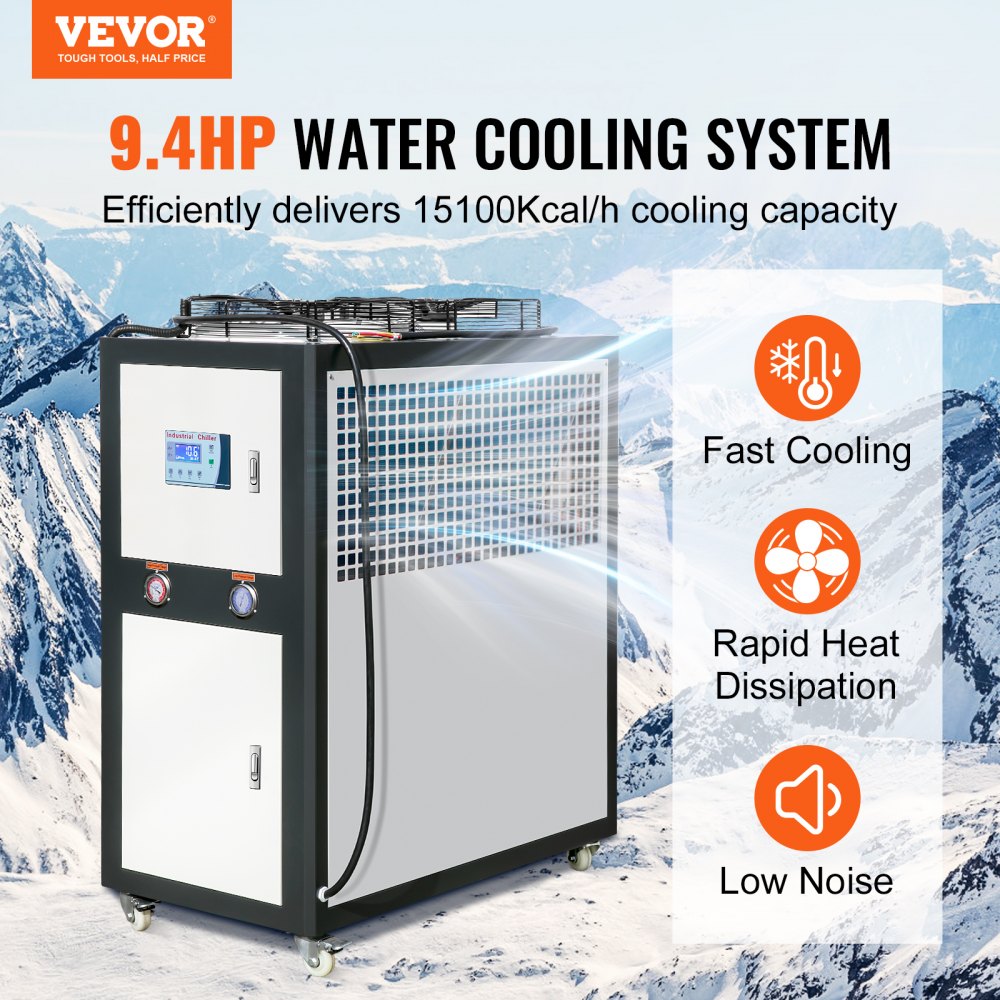 Bostome 9.4HP air-cooled industrial water chiller with LED display and cooling fan.