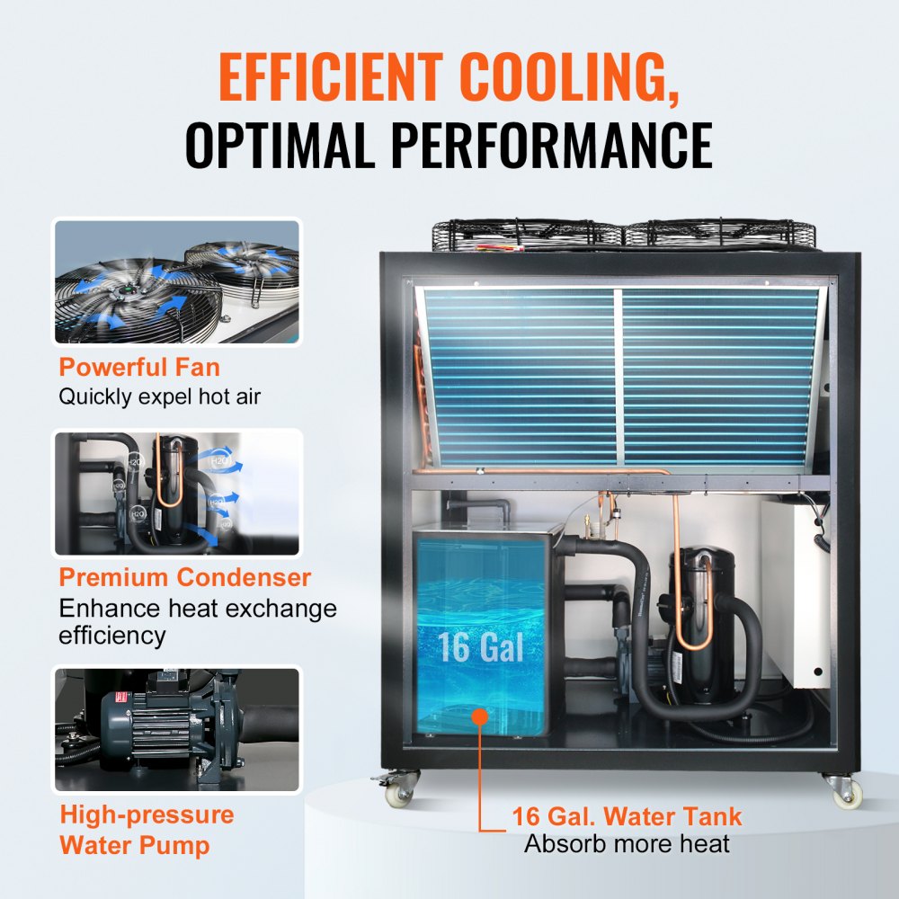 Bostome 9.4HP air-cooled industrial water chiller with fan, condenser, 16-gallon tank, and pump.