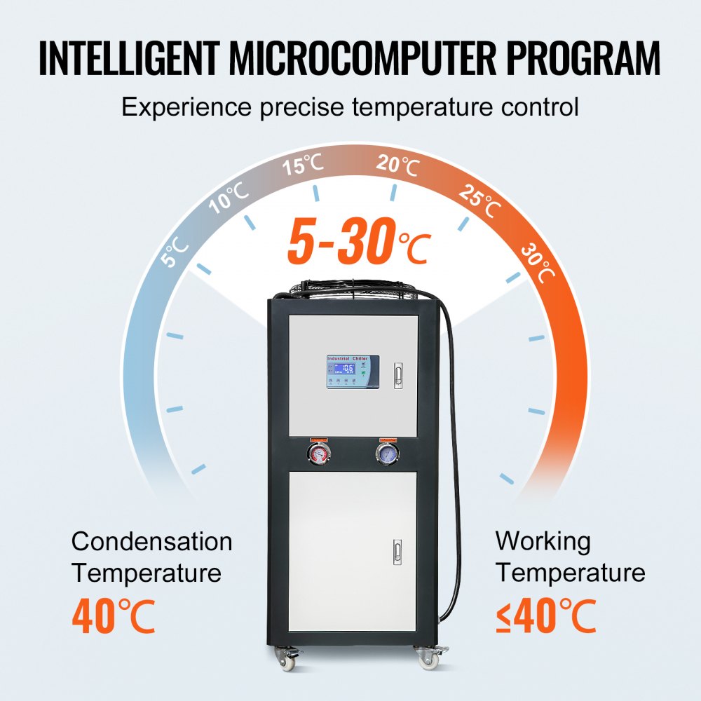 White air-cooled industrial water chiller with digital display and 5-30°C temperature dial.