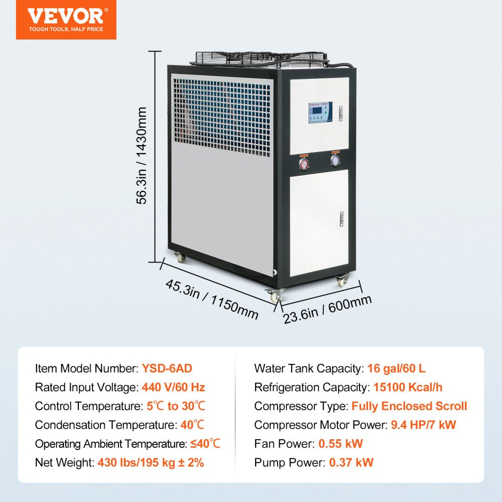 Bostome 9.4HP air-cooled industrial water chiller with 15100 Kcal/h capacity and dimensions.