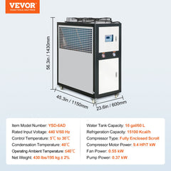 Bostome 9.4HP air-cooled industrial water chiller with 15100 Kcal/h capacity and dimensions.