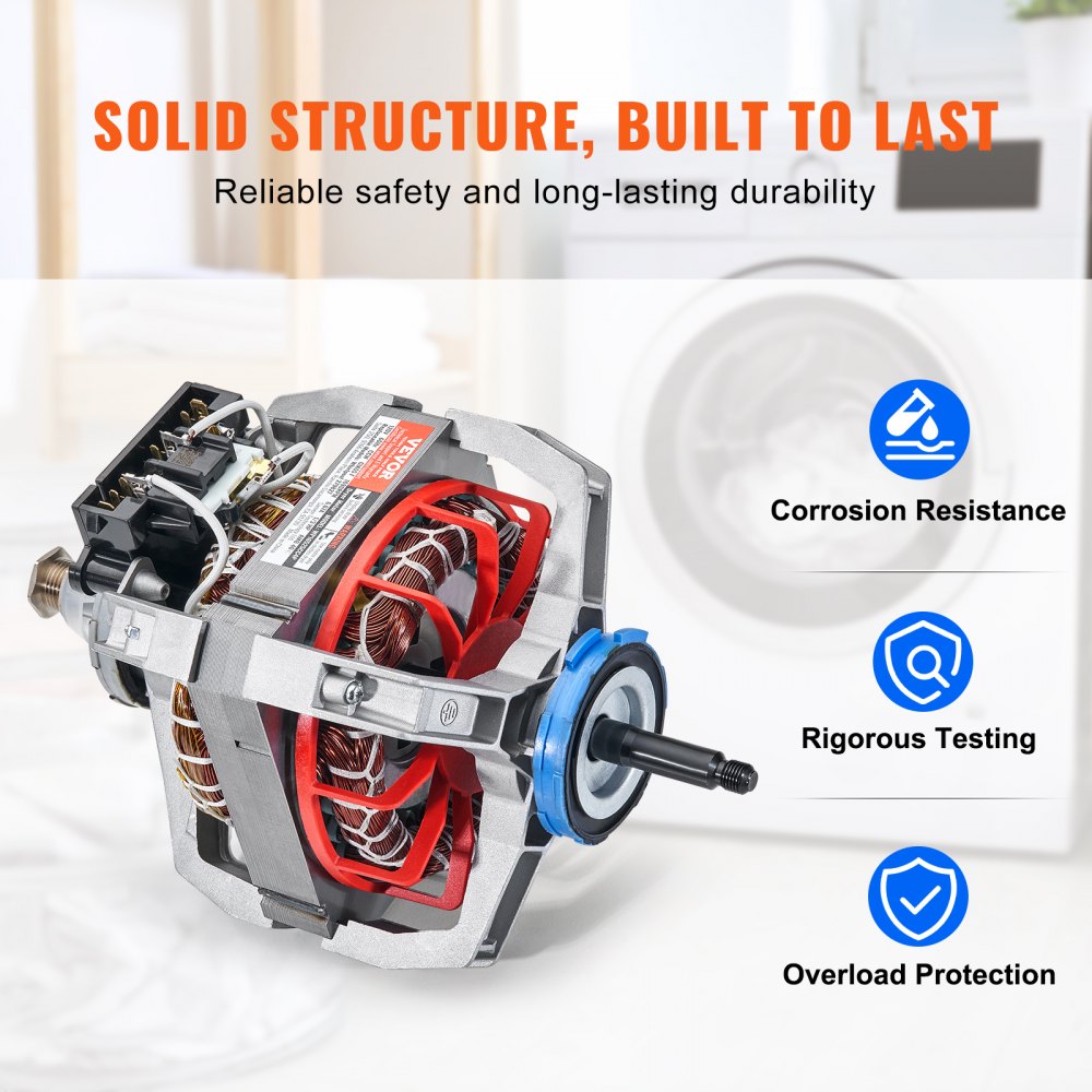 Close-up view of a 1/3 HP dryer drive motor with red windings and blue shaft.