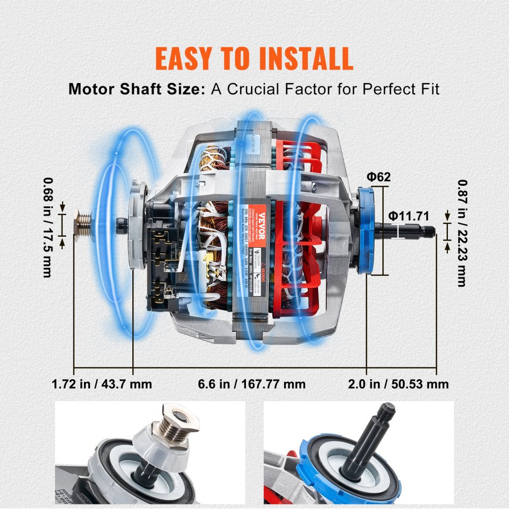 Diagram of 279827 dryer drive motor showing 1/3 HP, 1690 RPM specs and shaft dimensions for installation.