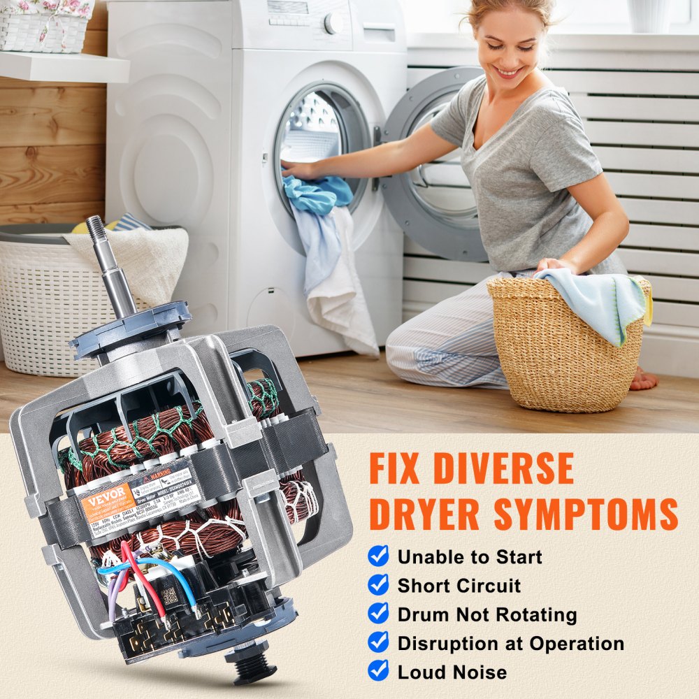 DC31-00055G 1/3HP 1630RPM dryer drive motor for Samsung and Kenmore, shown disassembled with laundry scene.