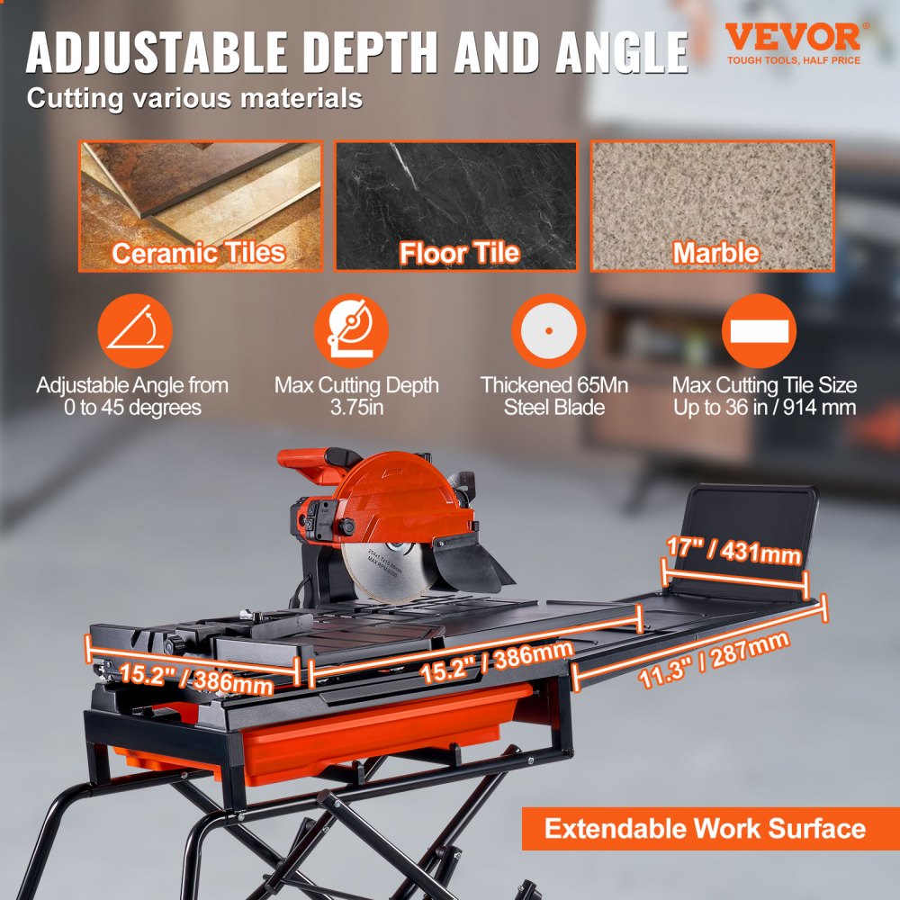 Bostome 10-inch wet tile saw with stand, adjustable 0-45 degree miter angle, and 3.75-inch cutting depth.