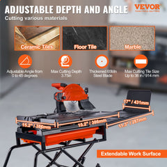 Bostome 10-inch wet tile saw with stand, adjustable 0-45 degree miter angle, and 3.75-inch cutting depth.