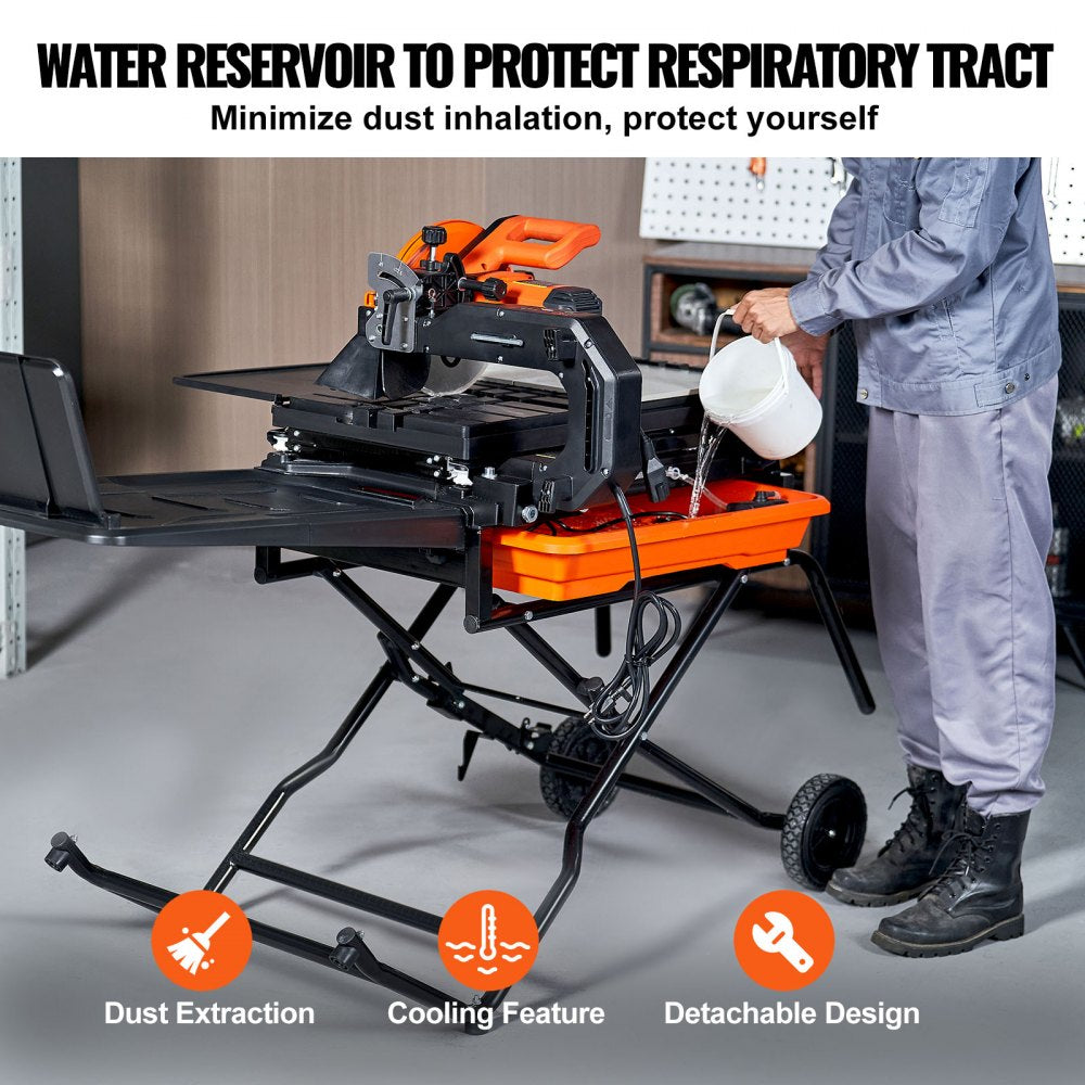 A man uses a Bostome 10-inch wet tile saw on a wheeled stand, pouring water into its reservoir to minimize dust.