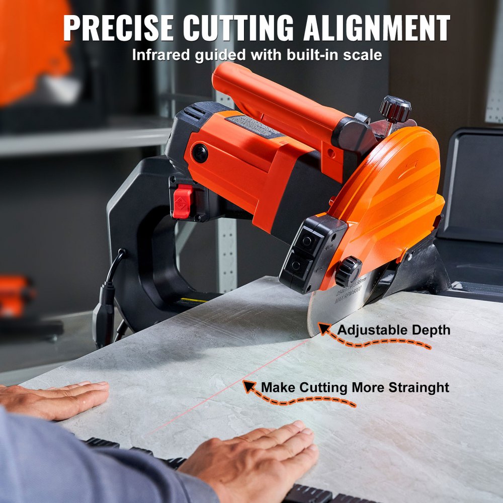 Orange 10-inch wet tile saw with stand, infrared guide, adjustable depth, and miter angle on workbench.