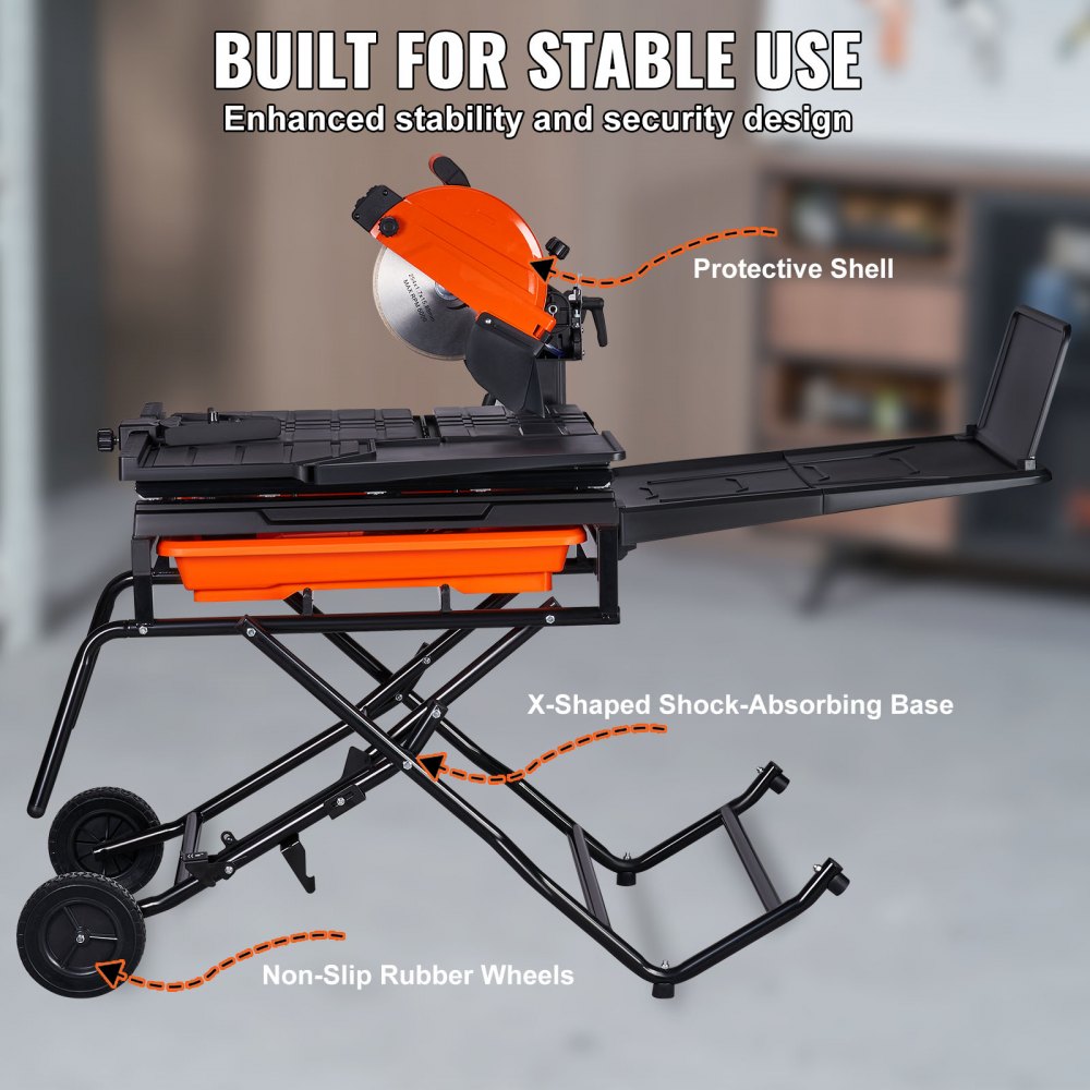 10-inch wet tile saw with orange blade, black stand, wheels, and protective shell.