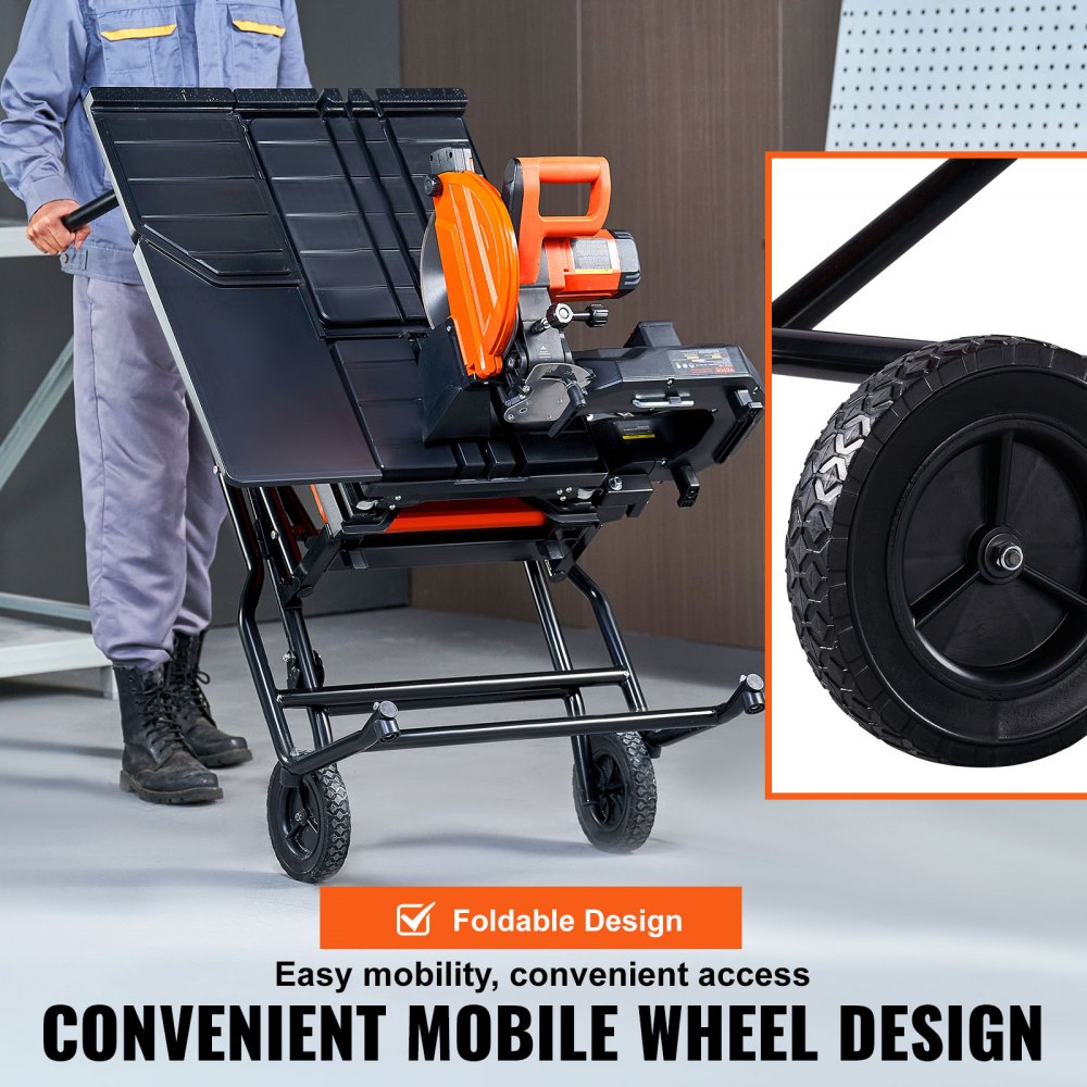 A man pushing a foldable stand holding a 10-inch wet tile saw with orange motor and wheels.