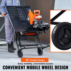 A man pushing a foldable stand holding a 10-inch wet tile saw with orange motor and wheels.