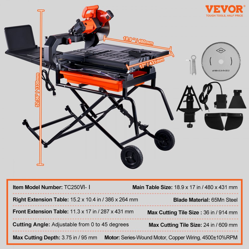 10-inch wet tile saw with adjustable stand, 4500 RPM motor, and 0-45 degree miter angle.