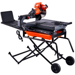 Bostome 10-inch wet tile saw with black stand, orange accents, and wheels.
