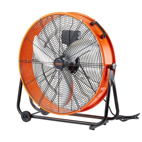 Orange 24-inch drum fan with metal blades, timer, and wheeled stand.