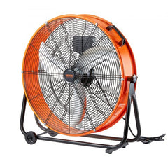 Orange 24-inch drum fan with metal blades, timer, and wheeled stand.