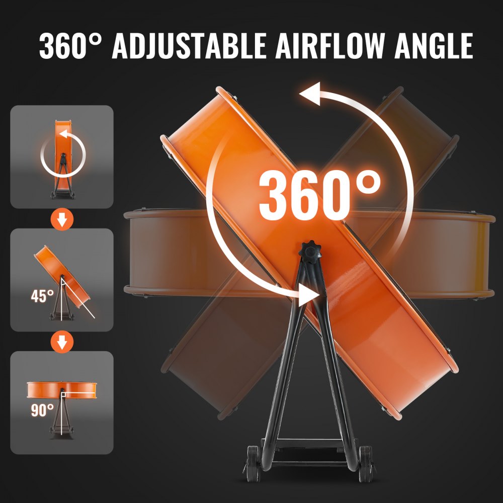 Orange 24-inch drum fan with 360-degree adjustable airflow angle and stand.