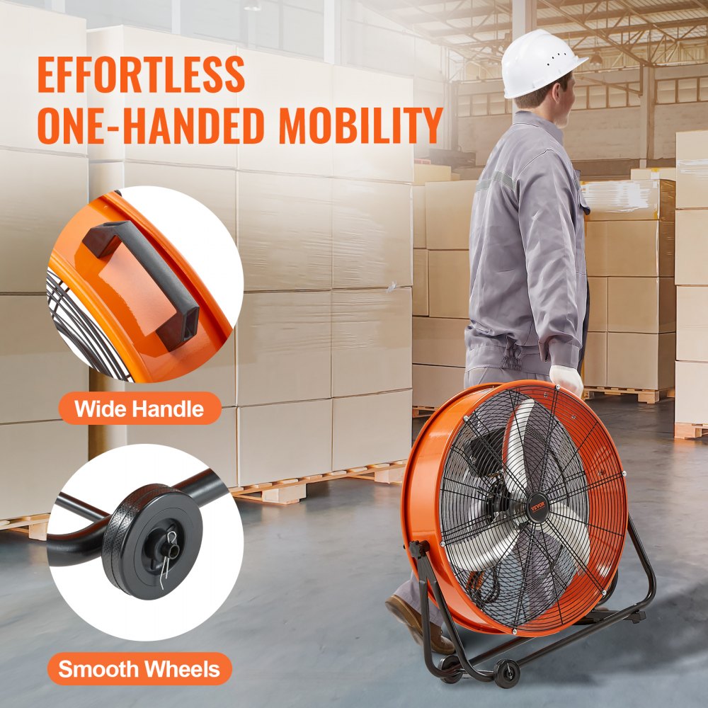 Orange 24-inch drum fan with wide handle, smooth wheels, and a worker using it in a warehouse.