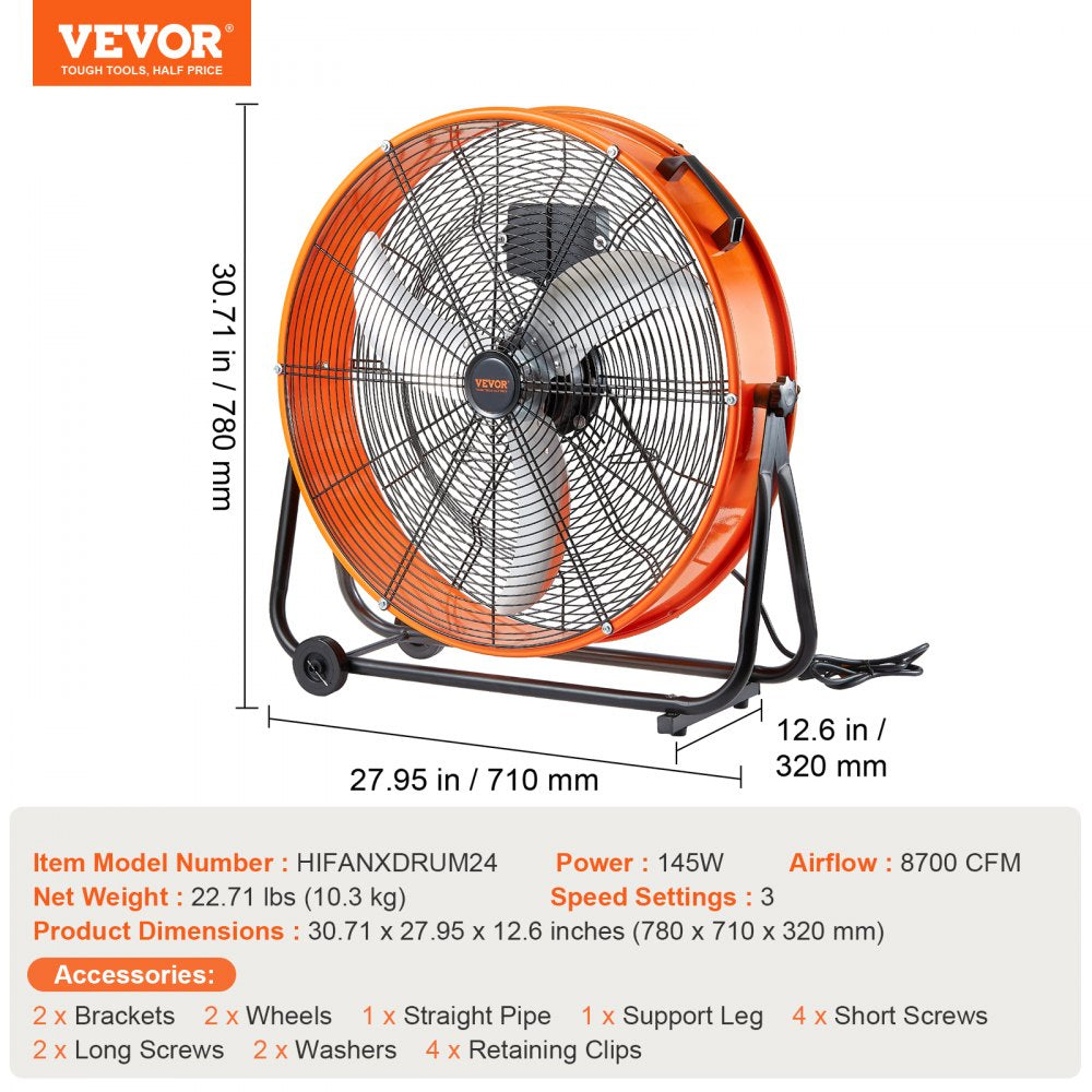 24-inch orange industrial drum fan with 3 speeds, timer, and wheeled stand.