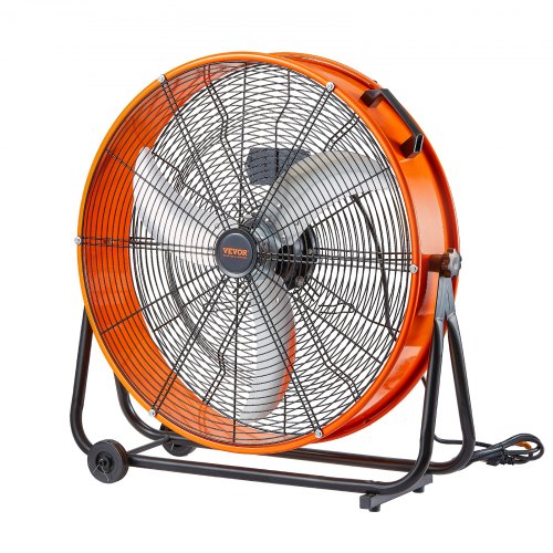 Orange 24-inch industrial drum fan with 3-speed control, 8700 CFM, on wheels.