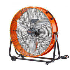 Orange 24-inch industrial drum fan with 3-speed control, 8700 CFM, on wheels.