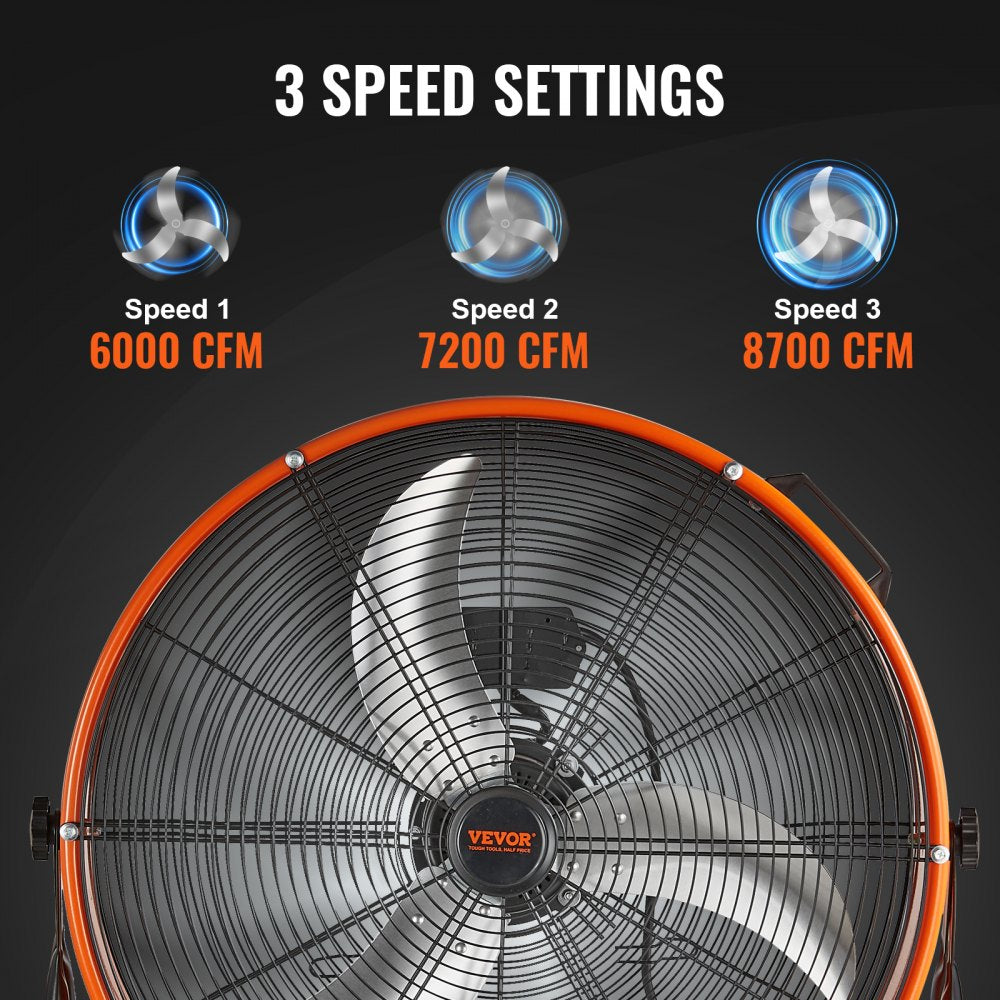 24-inch orange Bostome drum fan with 3 speed settings up to 8700 CFM.