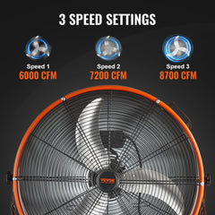 24-inch orange Bostome drum fan with 3 speed settings up to 8700 CFM.