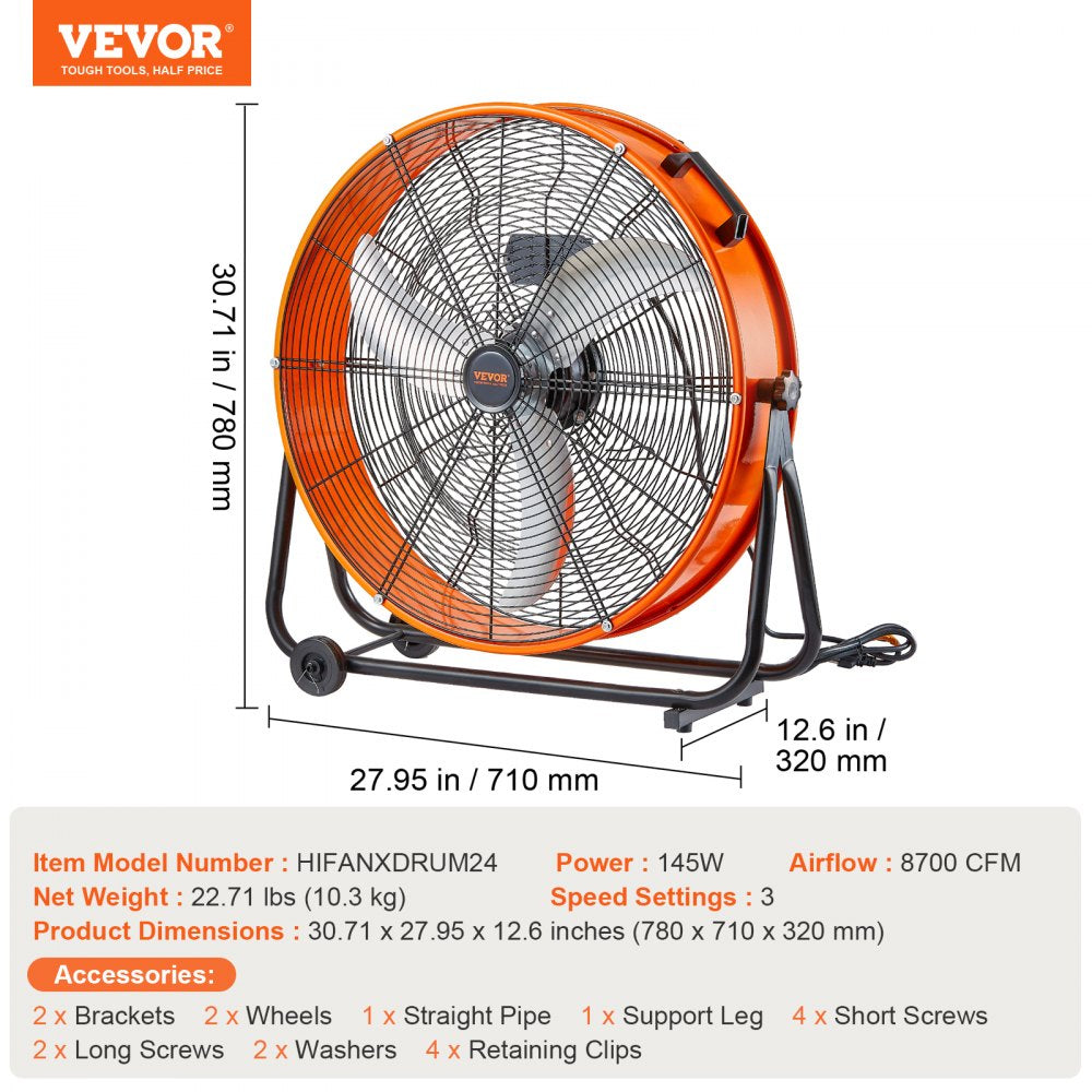 Orange 24-inch industrial drum fan with 3 speed settings, 8700 CFM airflow, and wheeled stand.