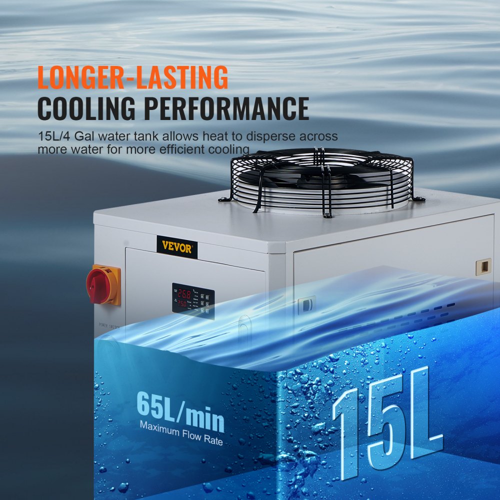 Industrial Water Chiller, CW6000, 1500W Industrial Water Cooler Cooling System with Compressor 15L Water Tank Capacity 65 L/min Max Flow Rate, for CO2 Laser Engraving Machine Cooling Machine