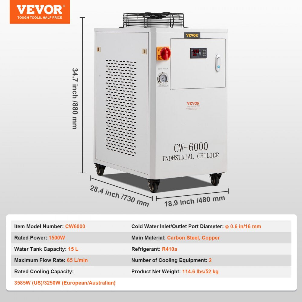 Industrial Water Chiller, CW6000, 1500W Industrial Water Cooler Cooling System with Compressor 15L Water Tank Capacity 65 L/min Max Flow Rate, for CO2 Laser Engraving Machine Cooling Machine